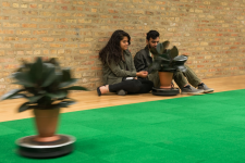 Image: Katherine Behar, Roomba Rumba, 2015. Roombas, rubber tree plants, indoor/outdoor carpet tiles, sound. Variable dimensions. Photo: Soohyun Kim. Image courtesy of the artist.