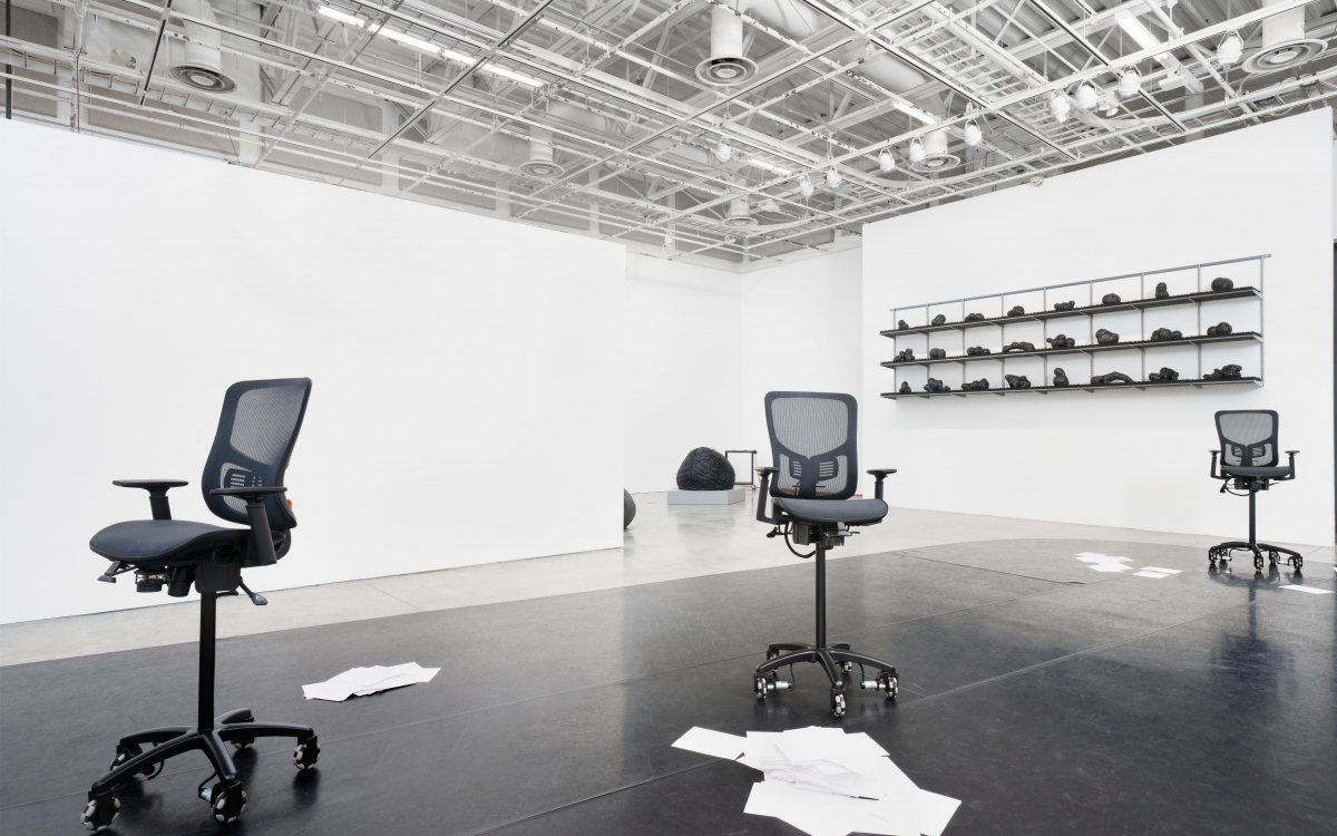 Installation view of “Katherine Behar: Ack! Knowledge! Work!” at Beall Center for Art + Technology, 