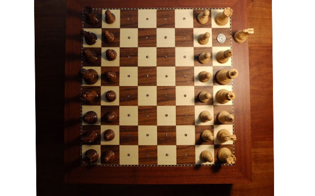 John Cage / Reunion Chessboard, 1968-2017 / modified chessboard, electronics / 19 5/8 x 19 5/8 inches / courtesy of the John Cage Trust (NY)