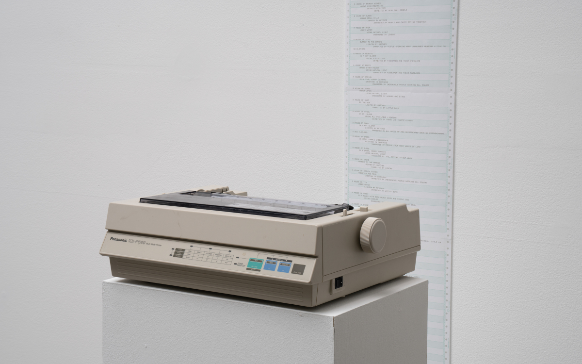 Alison Knowles, “House of Dust,” 1967; Seimens System 4004, FORTRAN IV, line printer. Courtesy of the artist. Photo by Yubo Dong. Alison Knowles, “House of Dust,” 1967; Seimens System 4004, FORTRAN IV, line printer.