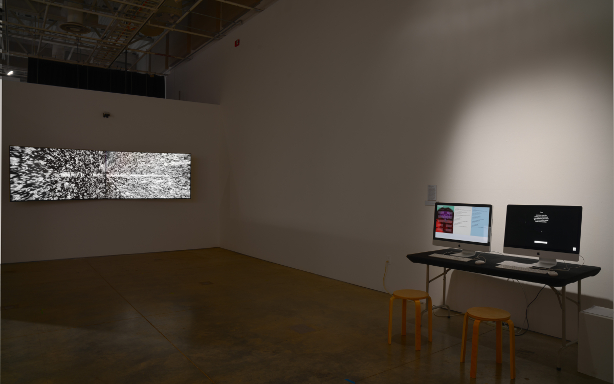 Installation shot of “Computational Poetics” at Beall Center for Art + Technology.