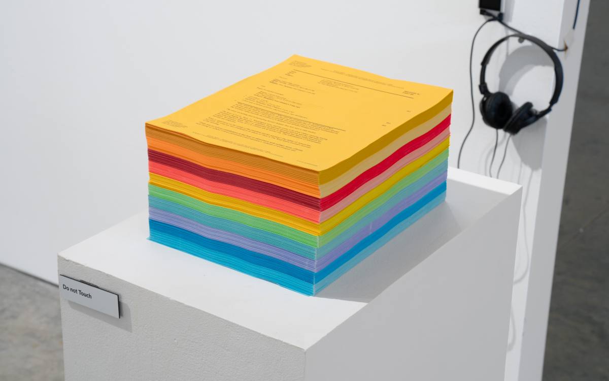 Kenneth Goldsmith, “HILLARY: The Hillary Clinton Emails,” 2019; Emails printed on color paper, 8 ½ x 11 x 12 inches. Courtesy of the artist. Photo by Yubo Dong. Kenneth Goldsmith, “HILLARY: The Hillary Clinton Emails,” 2019.
