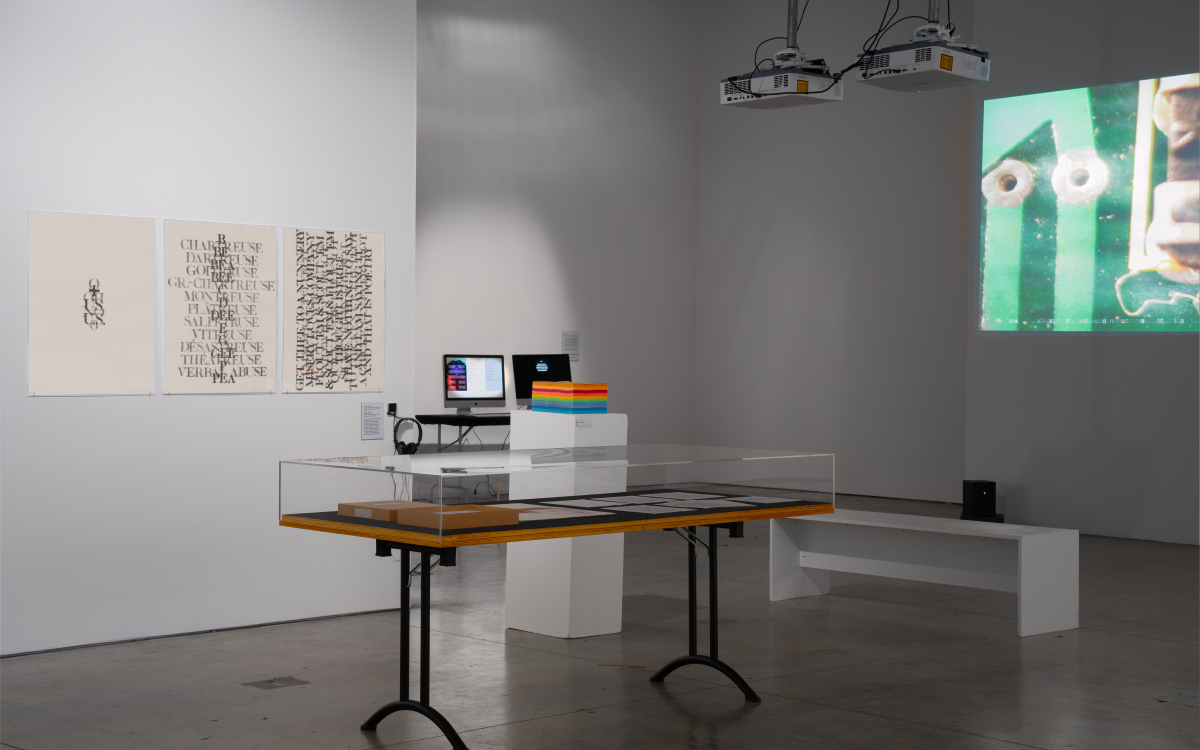 Installation shot of “Computational Poetics” at Beall Center for Art + Technology.