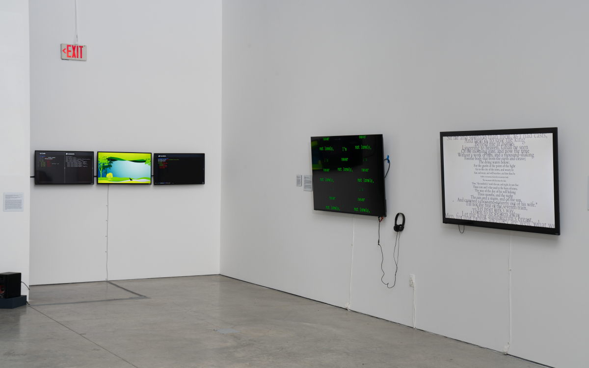 Installation shot of “Computational Poetics” at Beall Center for Art + Technology.