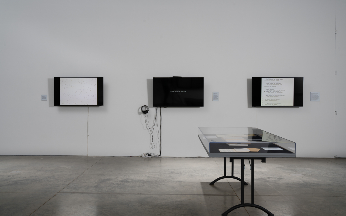 Installation shot of “Computational Poetics” at Beall Center for Art + Technology.