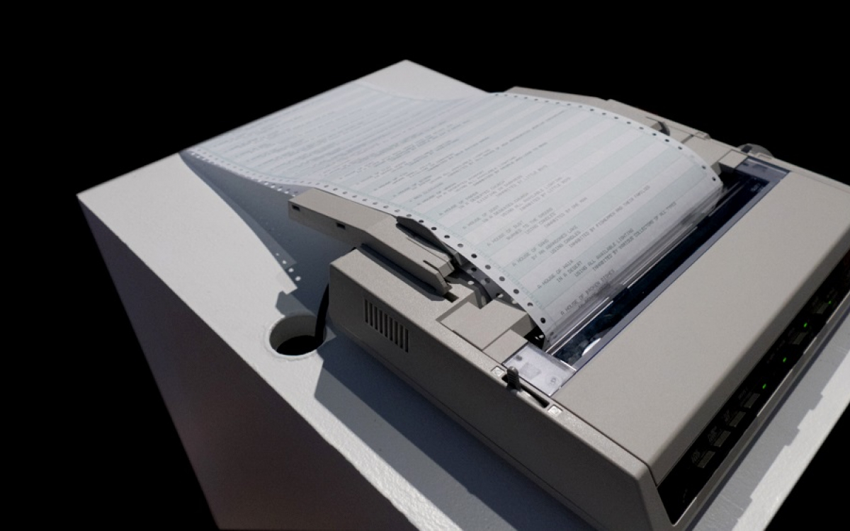 Alison Knowles / A House of Dust, 1967 / dot-matrix printer, continuous print paper, and computer with code / dimensions variable Alison Knowles / A House of Dust, 1967 / dot-matrix printer, continuous print paper, and computer with code / dimensions variable