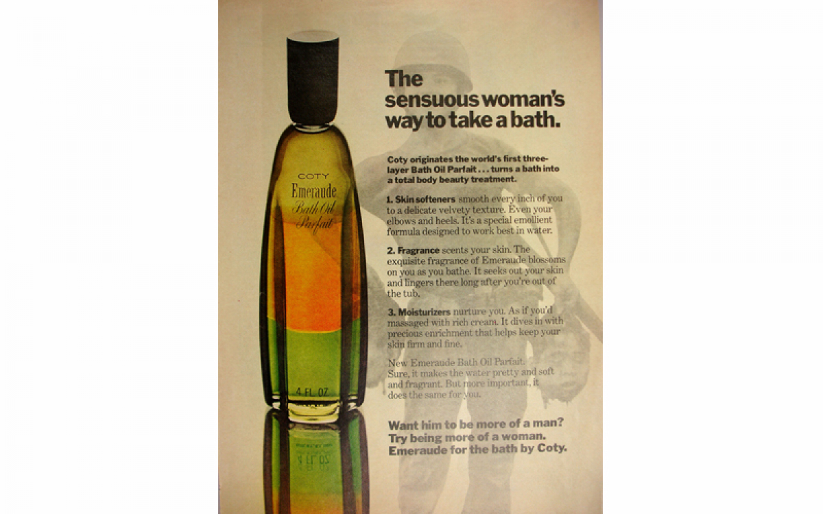 Robert Heinecken: Periodical #5 (Emeraude Perfume), 1969 / Magazine page with offset lithographic overprinting / 11 x 8.5 inches each / Loan courtesy of Laguna Art Museum (CA)