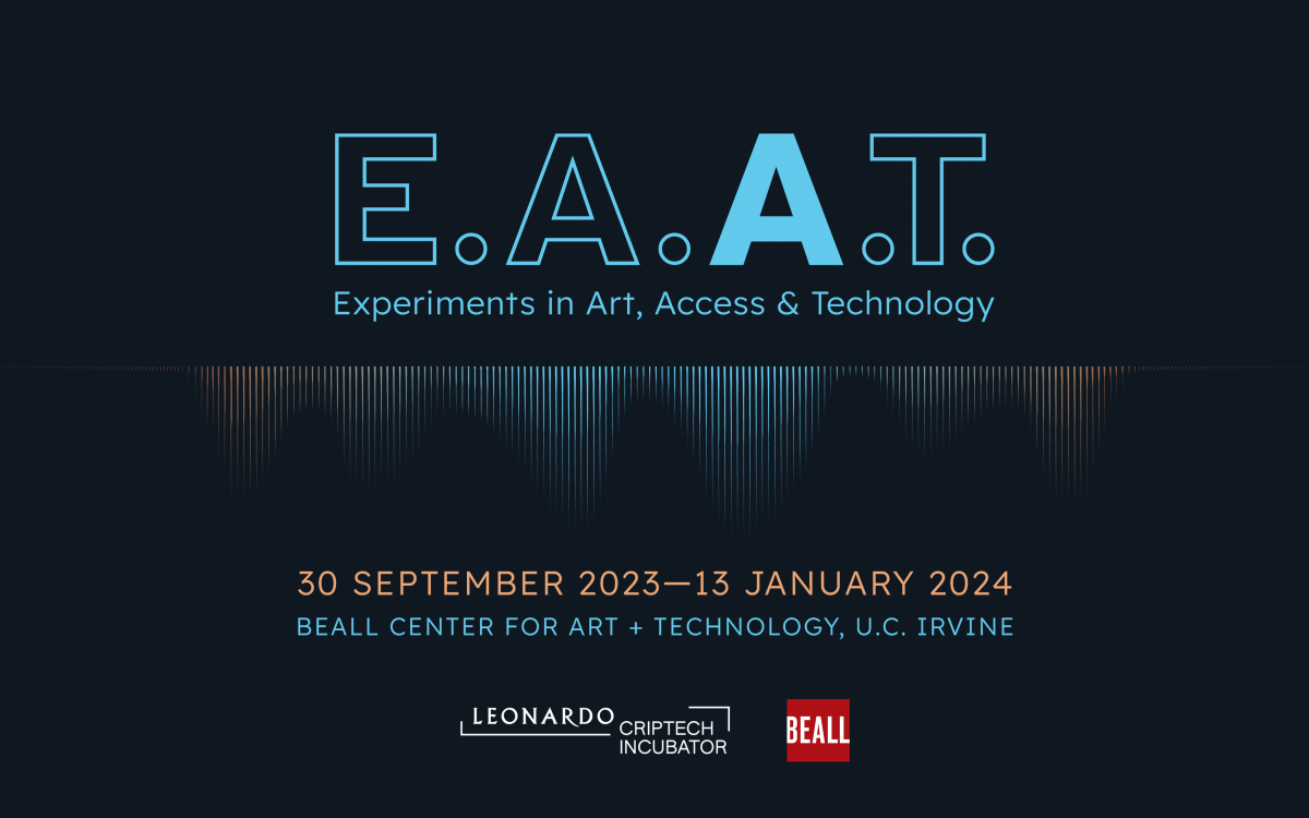 The letters E.A.A.T. are outlined in blue aside from the second A, representing Access, which is filled in with a bold blue. Under the acronym are the words Experiments in Art, Access & Technology. This text is underlined by sound waves of varying amplitu