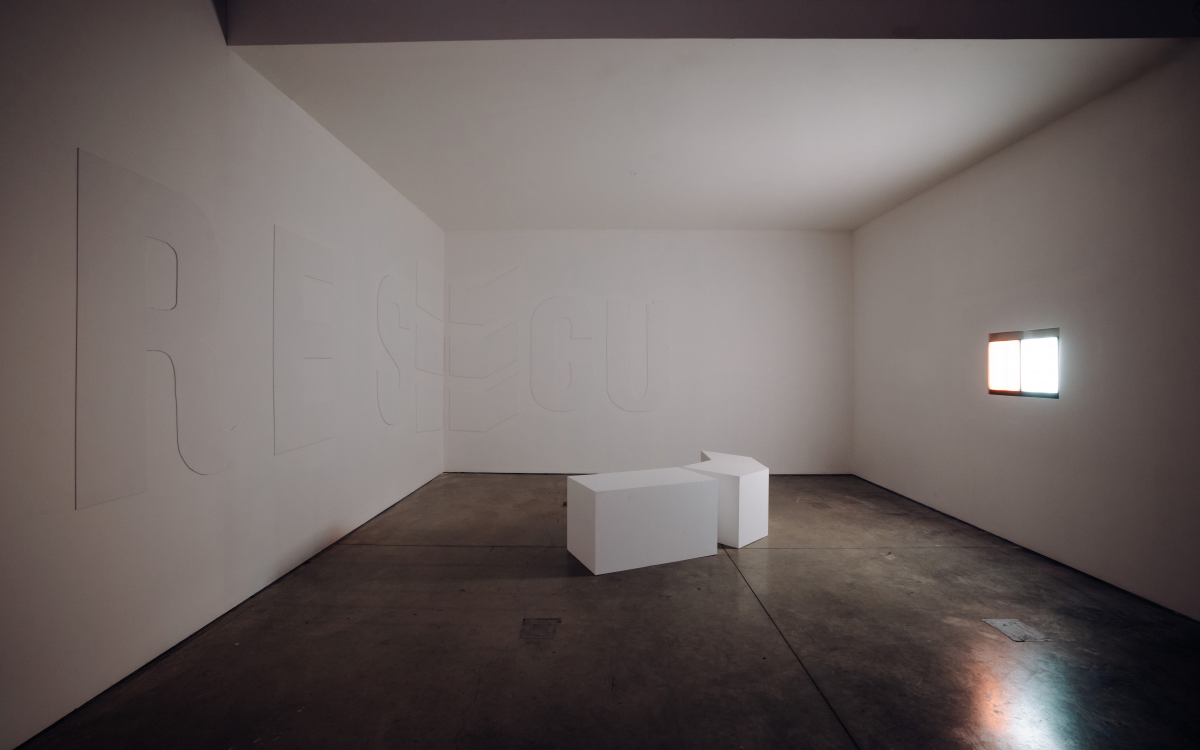 Total Running Time, 2023 (cool), is an installation comprising four works: Rescue, Day for Night, Pulses, and Total Running Time Site situated in a three walled gallery alcove that runs 18 feet by 16 feet by 12 feet 6 inches.  Total Running Time includes 
