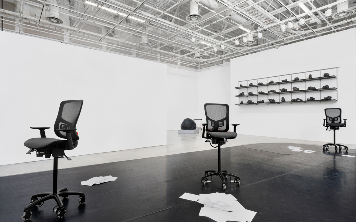 Installation view of “Katherine Behar: Ack! Knowledge! Work!” at Beall Center for Art + Technology, 
