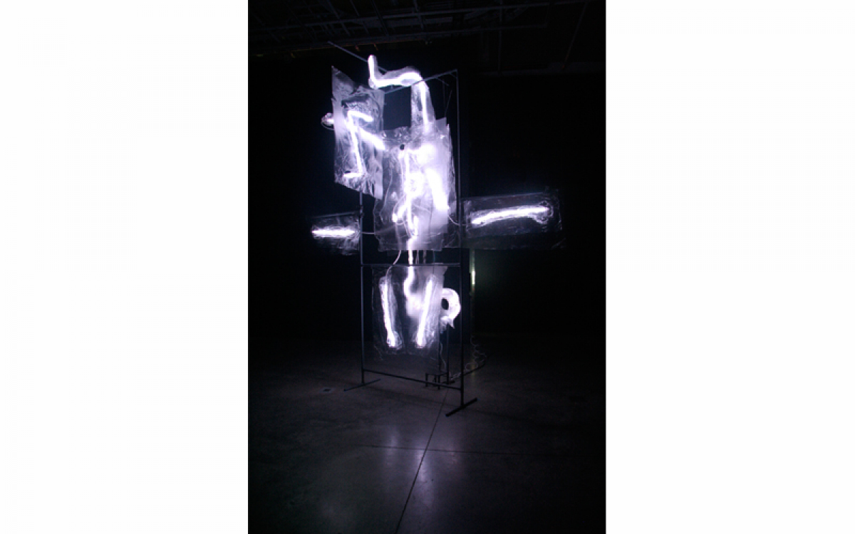 Danial Nord: Sleeper, 2017 / Computer, LEDs, mixed electronics, polycarbonates, aluminum, steel, water pump / 120 x 120 x 48 inches